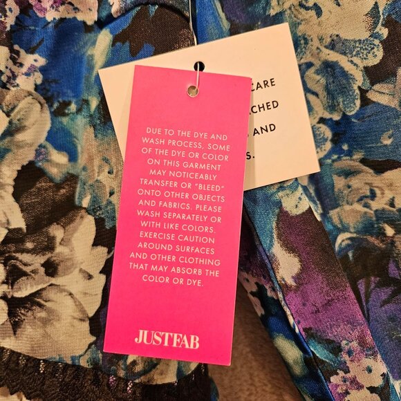 NWT JustFab Dress Womens XS Floral Bright Colorful Side Zip Black Lace Hi Lo Hem - Picture 15 of 16